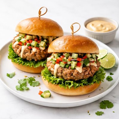 Image of Thai Turkey Burgers with Cucumber Pepper Relish and Spicy Mayo