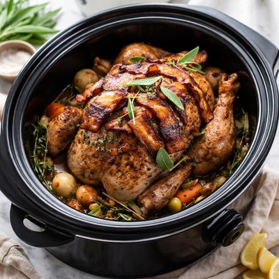 Image of Thanksgiving Turkey in a Crock Pot with Sage and Bacon