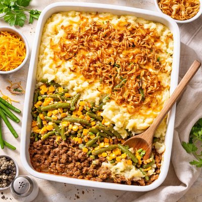 Image of The Mixture Green Bean Mashed Potato Ground Beef Casserole