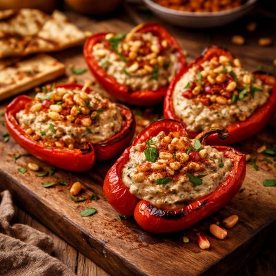 Image of The Perfect Smoky Baba Ghanouj Served in Roasted Red Bell Peppers