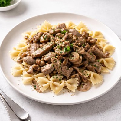 Image of The Singing Cricket Cafe Beef Stroganoff with Bowties Farfalle