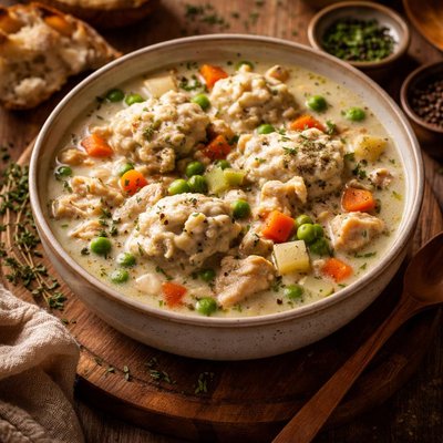 Image of Thick Creamy Upside Down Veggie and Dumpling Soup Super