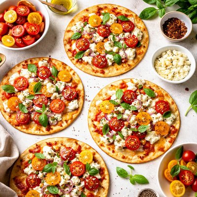 Image of Thin Crisp Tortilla Pizzas with Tomatoes Goat Cheese