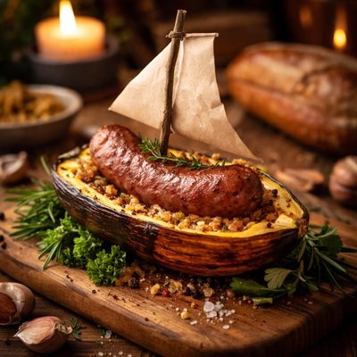 Image of This Little Piggy Went Sailing Pork Sausage in an Acorn Boat