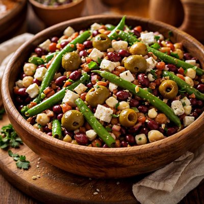 Image of Three Bean Salad with Pimiento Stuffed Green Olives and Feta