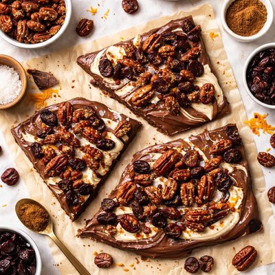 Image of Three Chocolate Bark with Spiced Pecans and Dried Cherries