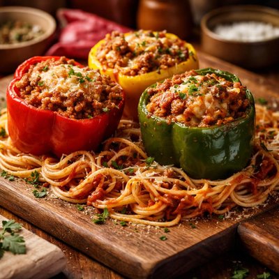Image of Three Sweet Peppers Over Pasta