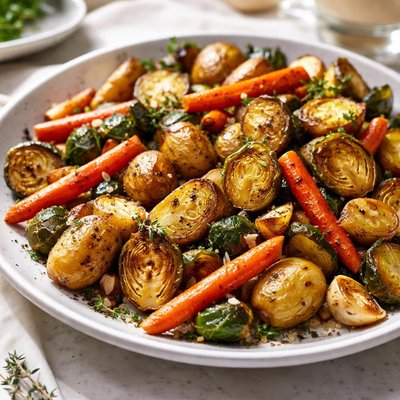 Image of Thyme and Garlic Roasted Potatoes Brussels Sprouts and Carrots