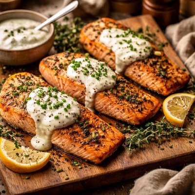 Image of Thyme Roasted Salmon with Horseradish Dijon Sour Cream
