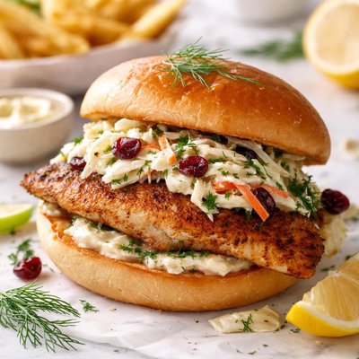 Image of Tilapia Sandwich W Dried Cranberry Coleslaw Lemon Dill Ai