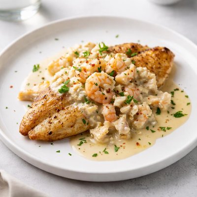 Image of Tilapia with a Creamy Shrimp Crab White Wine Sauce