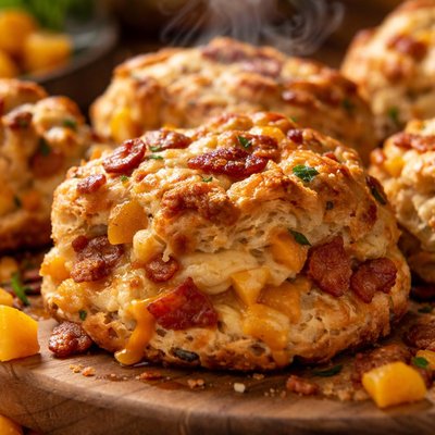 Image of Tillamook Smoked Cheddar Biscuits with Crisp Bacon and Apricots