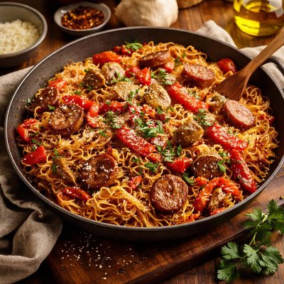 Image of Toasted Angel Hair Pasta with Roasted Red Peppers and Sausage