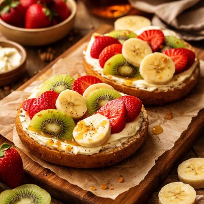 Image of Toasted Bagel Topped with Fresh Strawberries Kiwi and Bananas