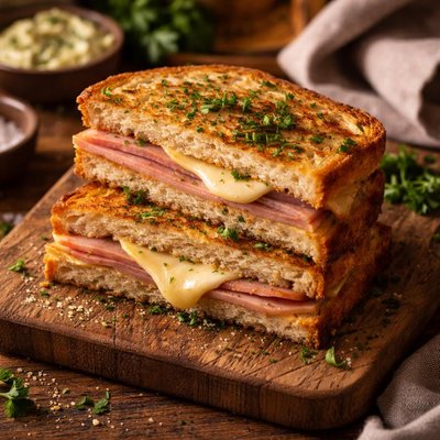 Image of Toasted Ham and Cheese Sandwich with Herb Butter
