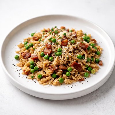 Image of Toasted Orzo with Peas Onion and Bacon