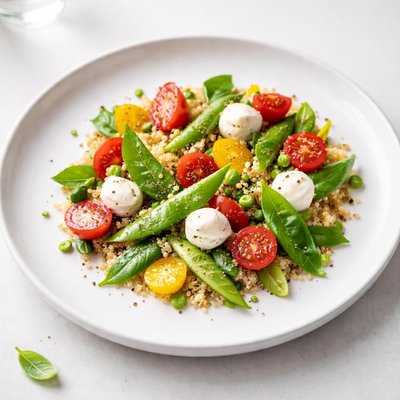Image of Toasted Quinoa Snow Peas Tomatoes and Mozzarella Salad