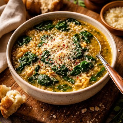 Image of Toasted Rice Soup with Spinach Parmesan Cheese