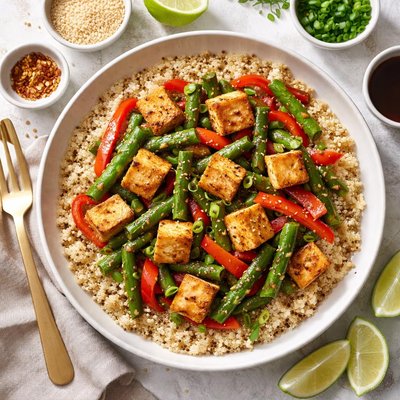 Image of Tofu Asparagus and Red Pepper Stir Fry with Quinoa