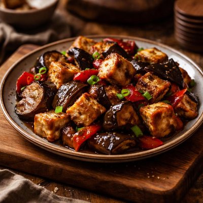 Image of Tofu with Eggplant Aubergine and Peppers