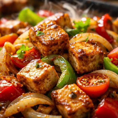 Image of Tofu with Onions Peppers and Tomatoes