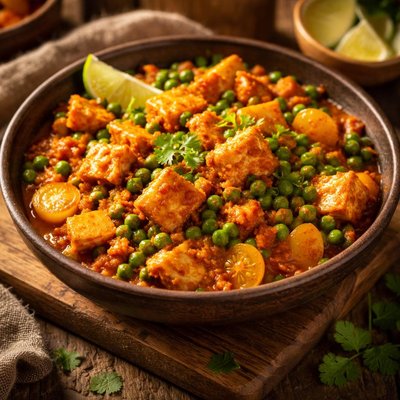 Image of Tofu with Red Curry Paste Peas and Yellow Tomatoes