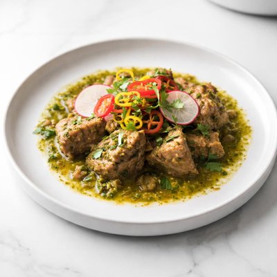 Image of Tomatillo Pork Braise with Pickled Chilis Puerco En Salsa Verde