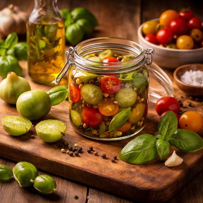 Image of Tomatillos Cherry Tomatoes and Basil Vinegar