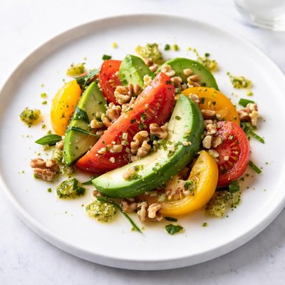 Image of Tomato and Avocado Salad with a Tarragon Walnut Drizzle