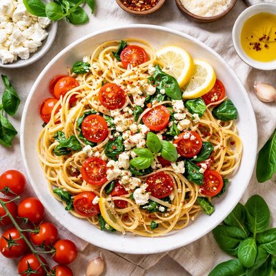Image of Tomato and Spinach Garlic Linguine with Feta