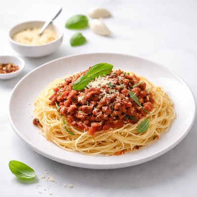 Image of Tomato Basil Garlic and Meat Sauce with Angel Hair Pasta