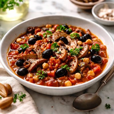 Image of Tomato Black Olive and Chickpea Stew with Fresh Shiitakes