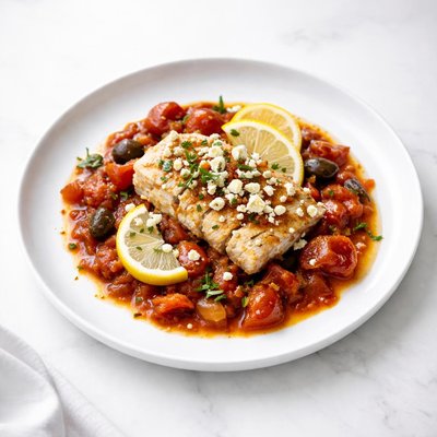 Image of Tomato Braised Fish Wth Feta and Lemon