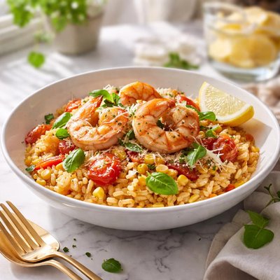 Image of Tomato Corn Risotto with Shrimp