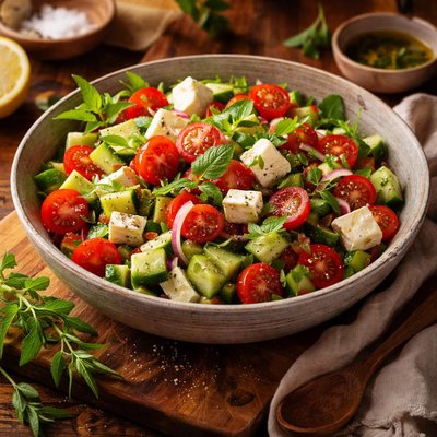 Image of Tomato Cucumber and Feta Salad with Lemon Verbena