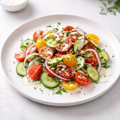 Image of Tomato Cucumber Salad with Lemon Yogurt Dressing