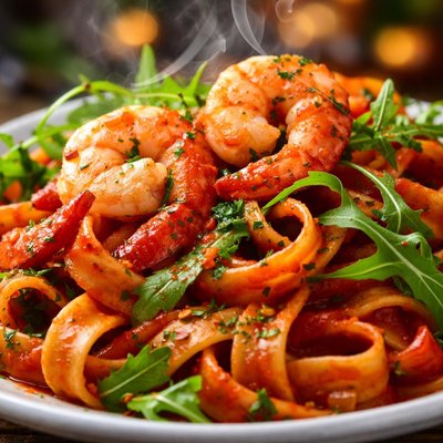 Image of Tomato Fettuccine with Shrimp and Arugula
