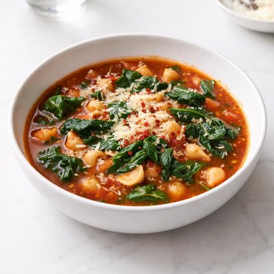 Image of Tomato Pasta and Spinach Soup