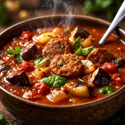 Image of Tomato Sausage and Eggplant Aubergine Soup