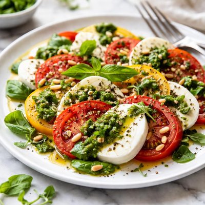 Image of Tomatoes and Mozzarella with Fresh 3 Herb Pesto