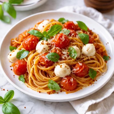 Image of Tomatoes Mozzarella Basil Sauce Over Pasta