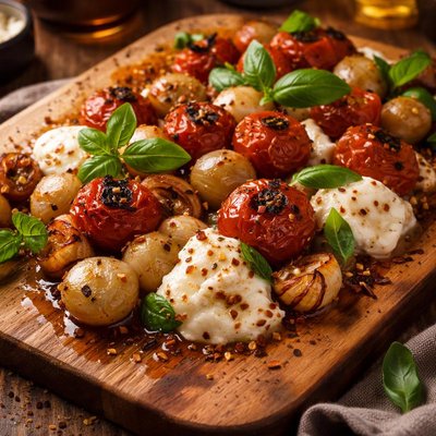 Image of Tomatoes with Roasted Garlic Pearl Onions and Mozzarella Cheese