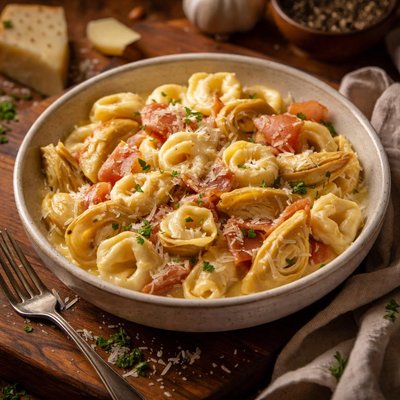 Image of Tortellini Alfredo with Prosciutto Artichoke Hearts