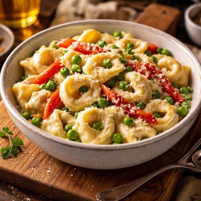 Image of Tortellini Alfredo with Roasted Red Peppers and Baby Peas