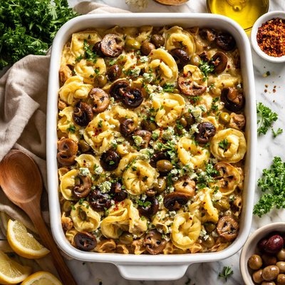 Image of Tortellini Mushroom Olive and Bleu Cheese Casserole