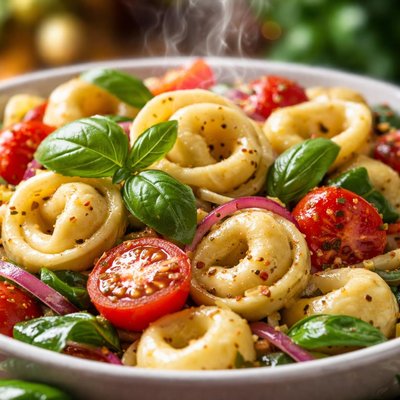 Image of Tortellini Salad with Fresh Basil and Tomatoes in Vinaigrette