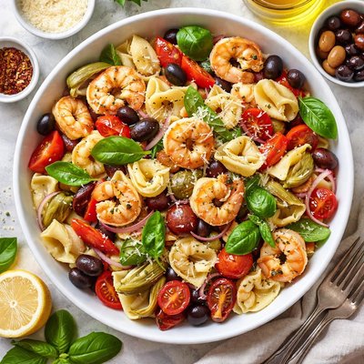 Image of Tortellini Salad with Shrimp Artichokes and Roasted Peppers