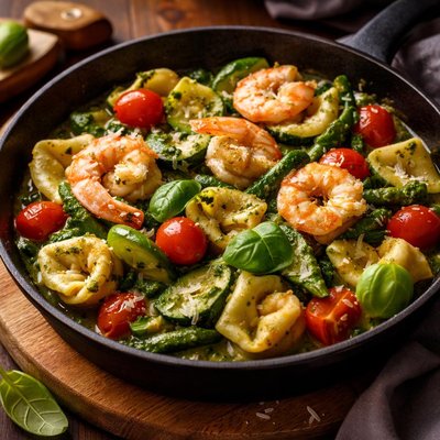 Image of Tortellini Shrimp and Vegetables with Spinach Basil Sauce