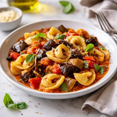 Image of Tortellini with Eggplant and Peppers