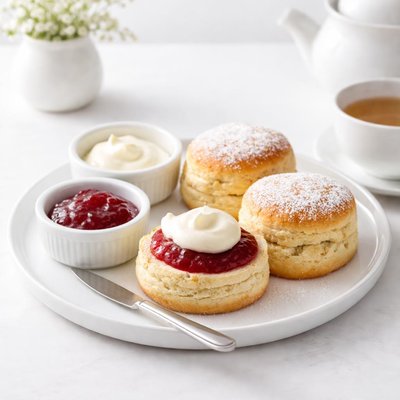 Image of Traditional English Tea Time Scones with Jam and Cream